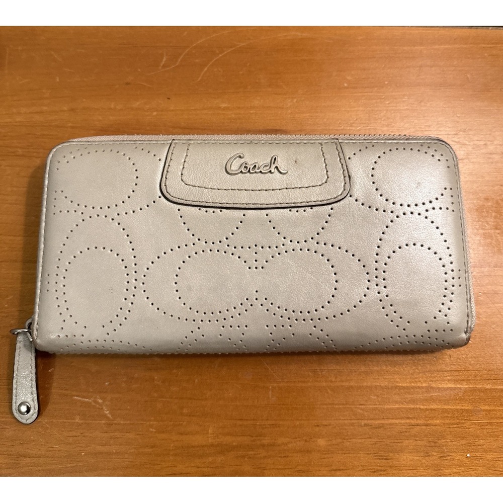Coach Ashley Perforated Signature C Pattern Accordion Zip Wallet SilverTone Logo